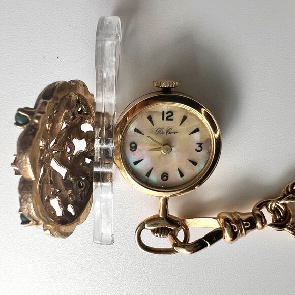 VTG 14KGold Pendant Watch with Floral Motif encrusted Rubies, Emeralds & Diamond - Picture 7 of 13